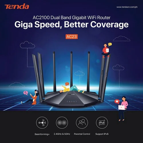 Best WiFi for Gaming and Streaming in Pakistan (2025) – Broadband & SIM-Based Devices 4 tenda ac23 ac2100 gigabit 4 x gigabit ports 7 x 6 dbi external antennas 500x500 1